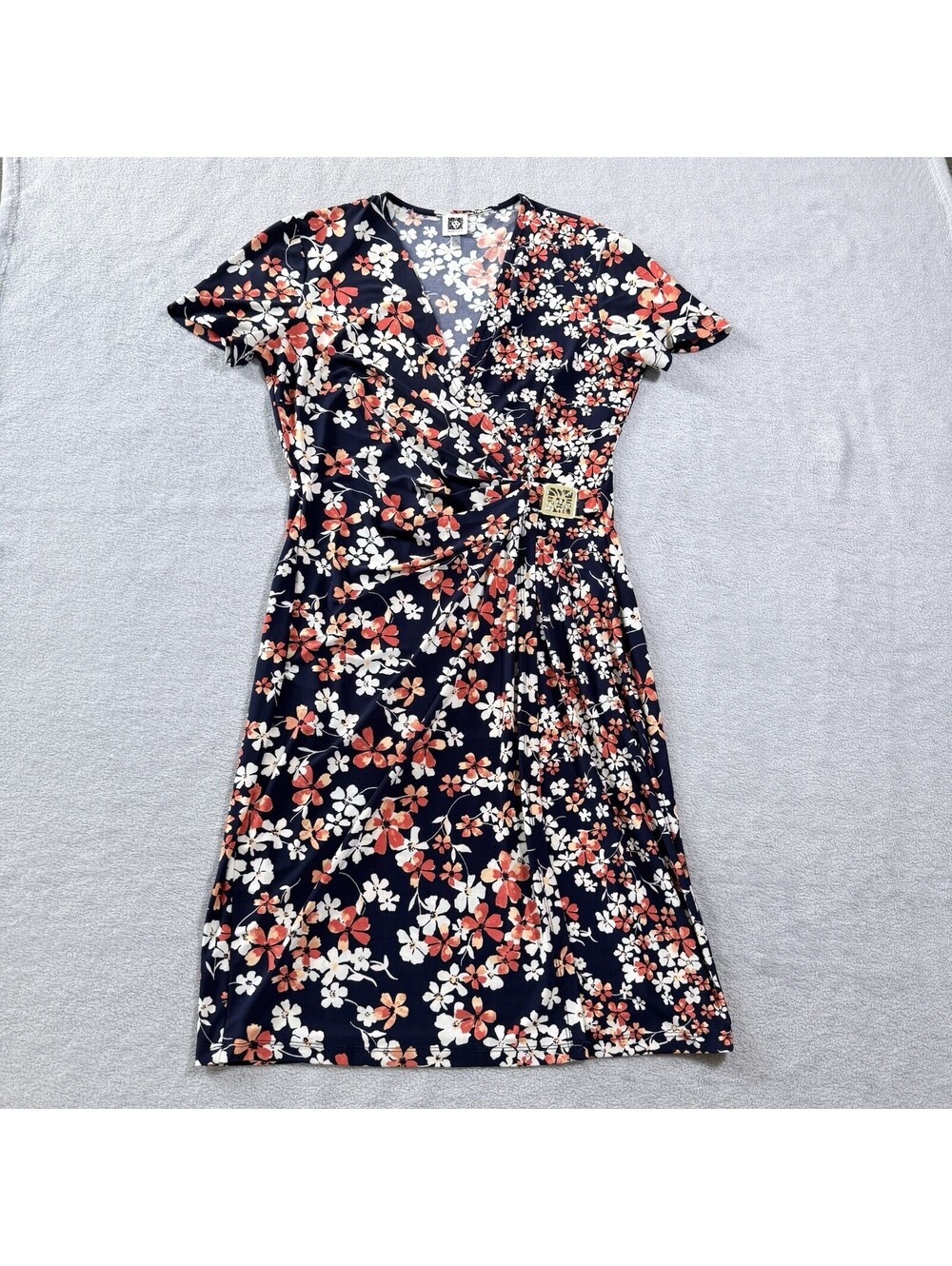 Anne Klein Faux Wrap Floral Dress Womens Size 10 Blue  Ruched Draped